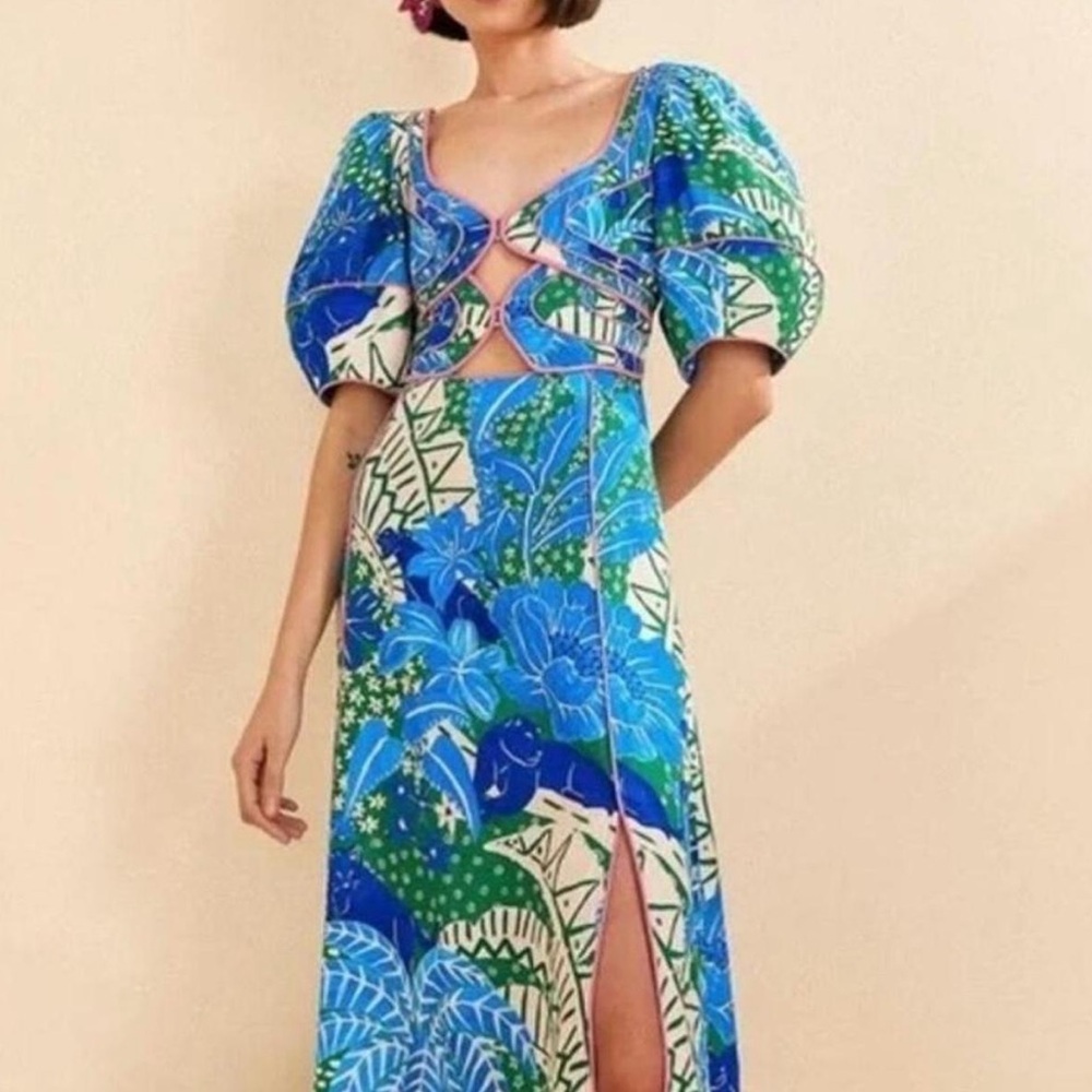 FARM Rio Blue Green Puff Sleeve Maxi Dress
